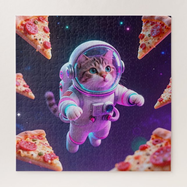 Puzzle Cute Astronaut Cat Floating Pizza Space Adventure (Vertical)