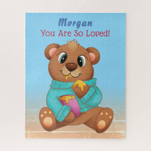 Puzzle Cute Baby Bear Eating Honey Child's Name & Message