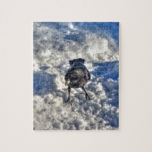 Puzzle Cute Black Raven en la foto de la nieve (Vertical)