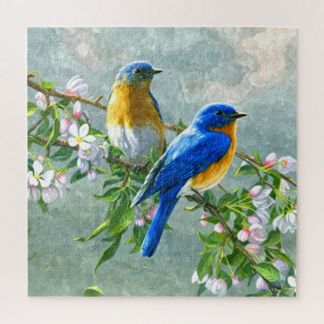 Puzzle Cute Blue Yellow Birds Watercolor Art Oil Pintura (Vertical)
