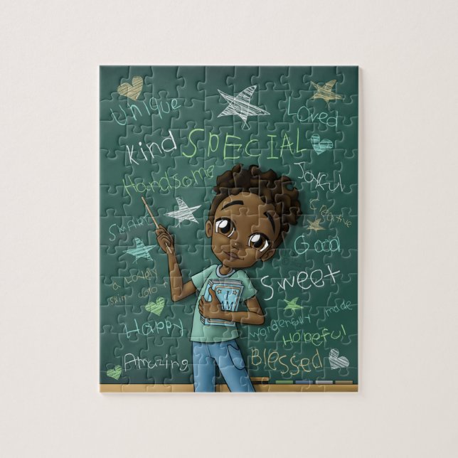 Puzzle Cute Brown Boy y palabras positivas (Vertical)