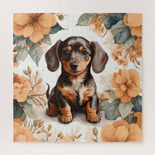 Puzzle Cute Brown Dachshund Puppy Peach Floral (Vertical)