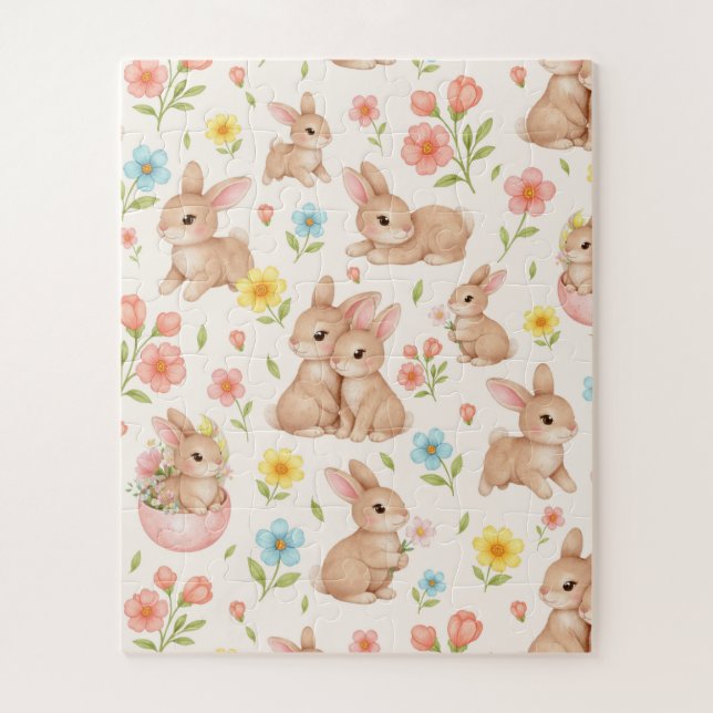 Puzzle Cute Bunny Floral Spring Pattern (Vertical)