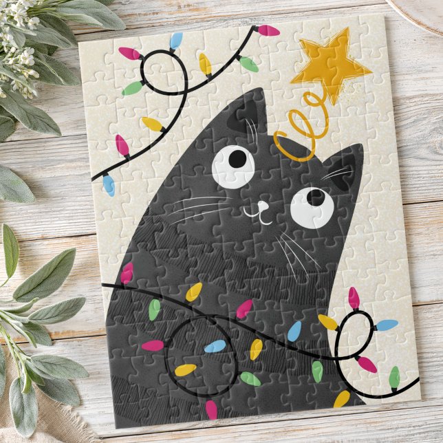 Puzzle Cute cat with lights and tree-topper Christmas (Cute cat with lights and tree-topper Christmas Jigsaw Puzzle)