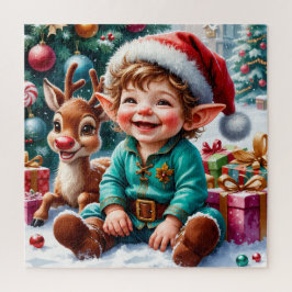 Puzzle Cute Christmas Elf & Reindeer