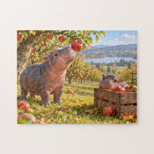 Puzzle Cute crías de hipopótamos en huerto de manzanos de