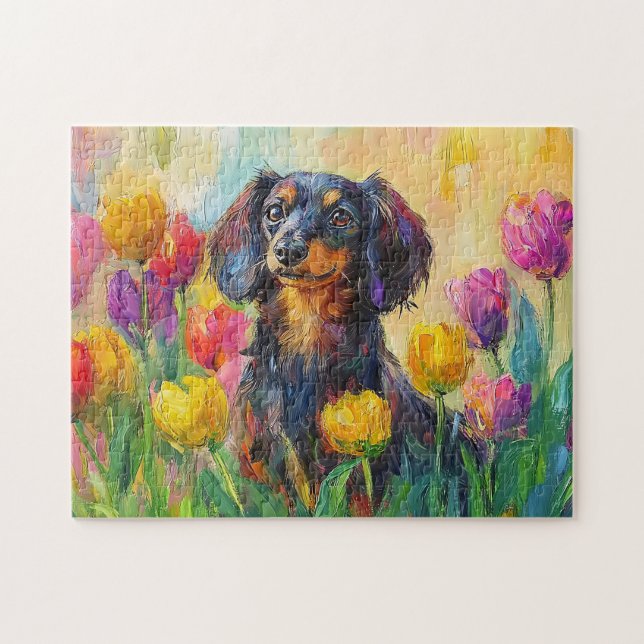 Puzzle Cute Dachshund Colorful Tulips Pintura (Horizontal)