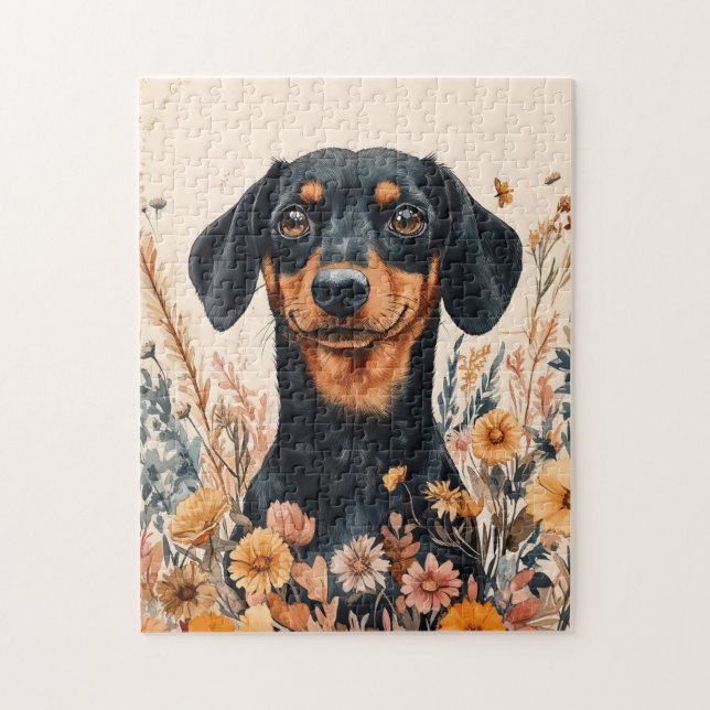 Puzzle Cute Dachshund con pintura de flores silvestres (Vertical)