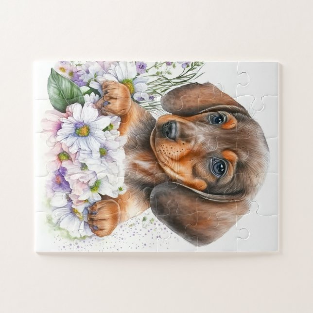 Puzzle Cute Dachshund Puppy acuarela Perro Floral (Horizontal)