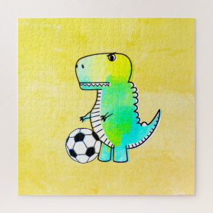Puzzle Cute Dinosaur ama al fútbol acuarela