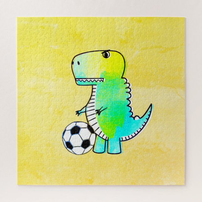 Puzzle Cute Dinosaur ama al fútbol acuarela (Vertical)