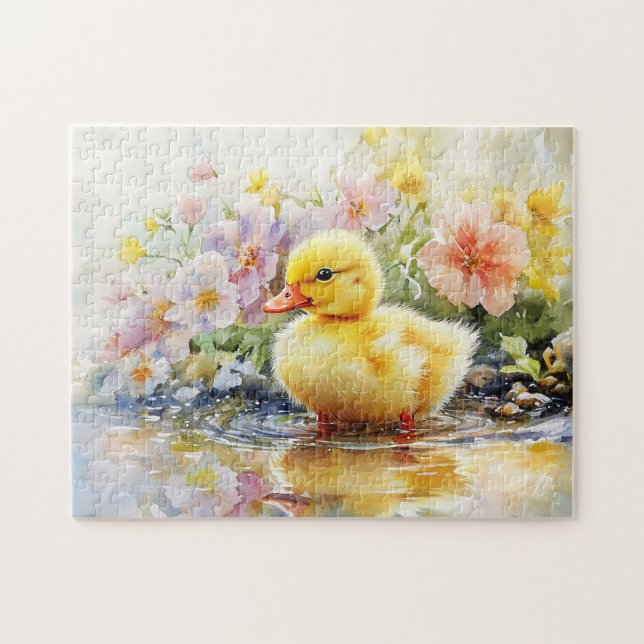 Puzzle Cute Duckling con flores acuarela (Horizontal)