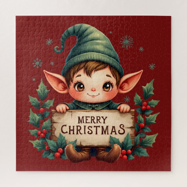 Puzzle Cute Duende de Navidad sosteniendo letrero alegre  (Vertical)