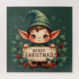 Puzzle Cute Elfo de Navidad sosteniendo letrero alegre ve