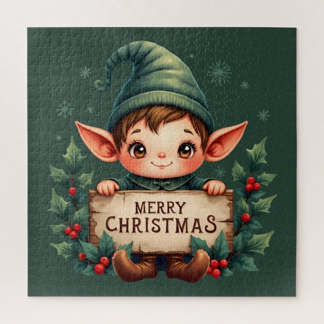 Puzzle Cute Elfo de Navidad sosteniendo letrero alegre ve (Vertical)