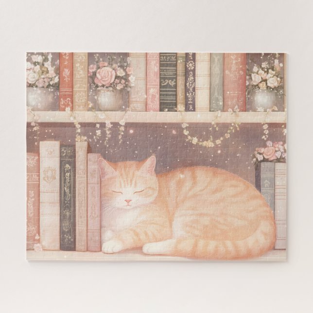Puzzle Cute gato floral y libros (Horizontal)