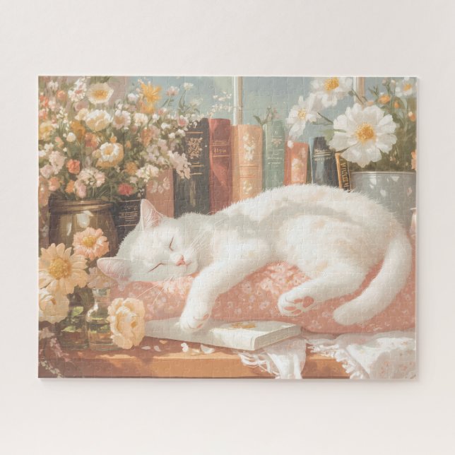 Puzzle Cute gato floral y libros (Horizontal)