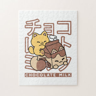Puzzle Cute gato montando leche de chocolate Carton Kawai