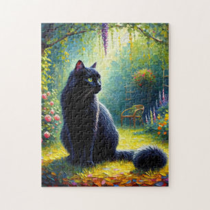 Puzzle Cute gato negro en pintura de aceite de jardín