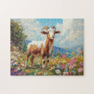 Puzzle Cute Goat Colorful Wildflower Meadow
