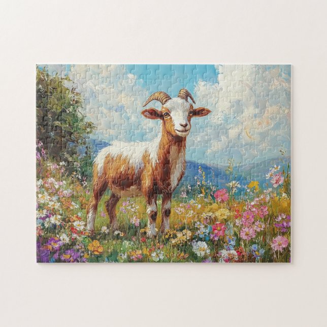 Puzzle Cute Goat Colorful Wildflower Meadow (Horizontal)