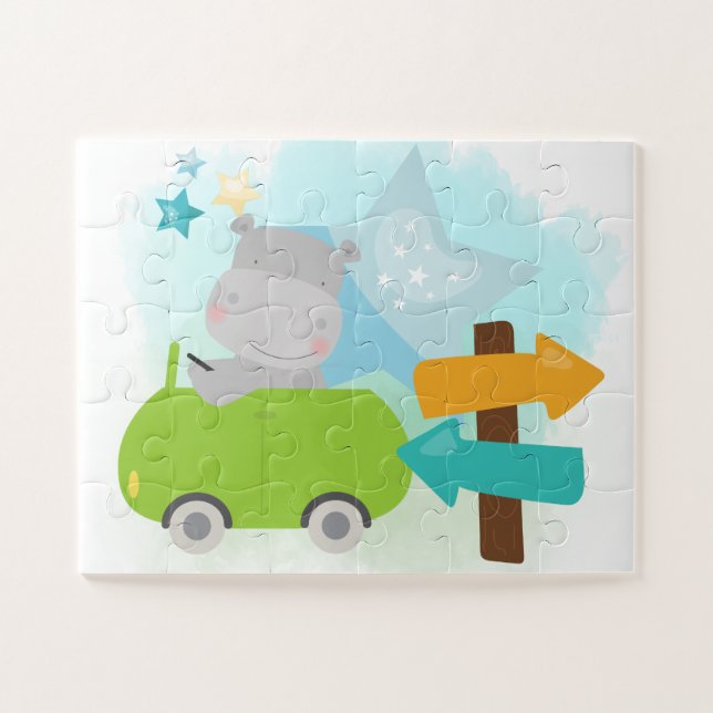 Puzzle Cute Hippo Conducir Niños de Coche Verde (Horizontal)