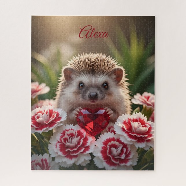 Puzzle Cute January Hedgehog with Garnet Heart (Vertical)