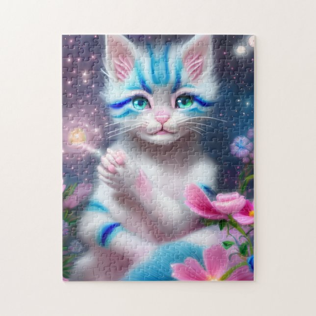 Puzzle Cute Kawaii bebé a rayas gatito rosa y azul (Vertical)