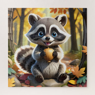 Puzzle Cute Kawaii estilo Racoon sosteniendo una bellota