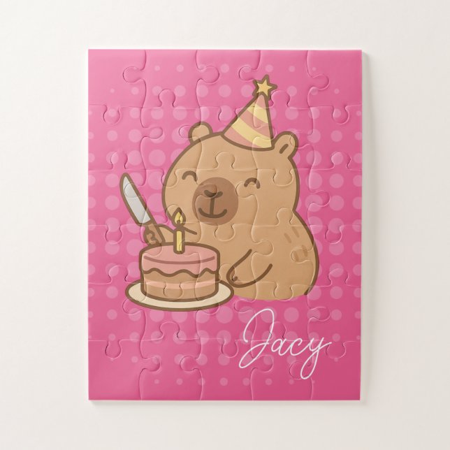 Puzzle Cute Kids Capybara comiendo pastel Cumpleaños (Vertical)