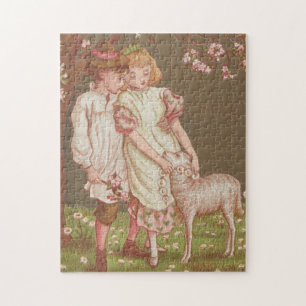 Puzzle Cute Kitschy Vintage San Valentín, niños con corde