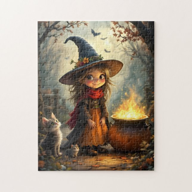 Puzzle Cute little witch in forest with witch's cauldron (Vertical)