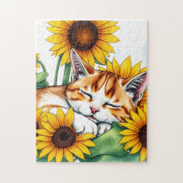 Puzzle Cute Napping Kitten and Sunflowers