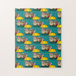 Puzzle Cute Owl Lovers w/ Umbrella & Red Chocolate Box