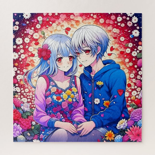 Puzzle Cute Pareja de anime rodeada de flores y corazón (Vertical)