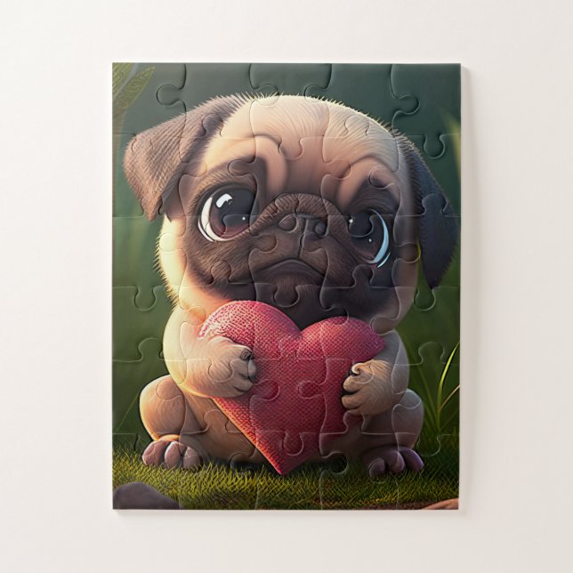 Puzzle Cute Pug sosteniendo un corazón (Vertical)