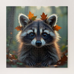 Puzzle Cute Raccoon en hojas otoño