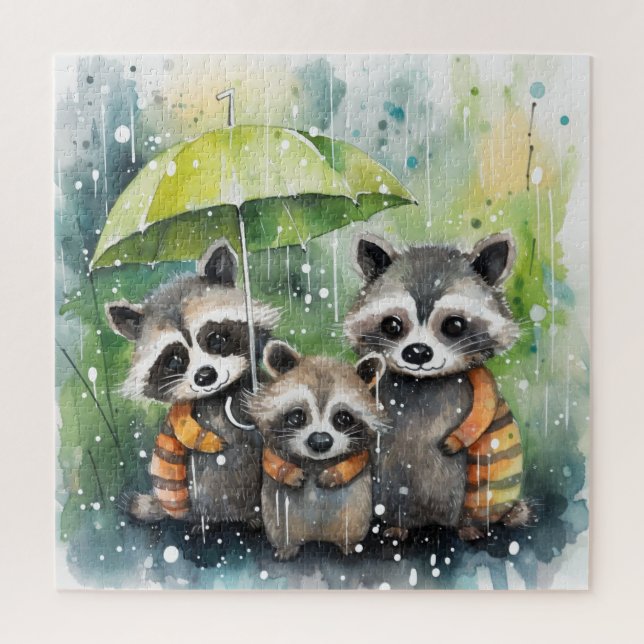 Puzzle Cute Raccoons in the Rain (Vertical)