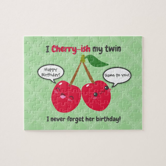 Puzzle Cute Red Cherry Kawaii Gemelos Cumpleaños (Horizontal)