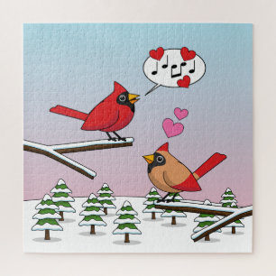 Puzzle Cute Red Northern Cardinals aman el paisaje invern