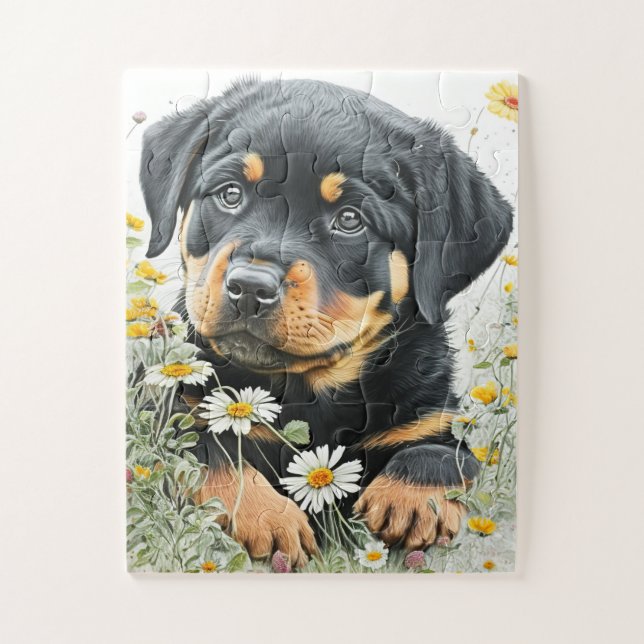 Puzzle Cute Rottweiler Puppy Perro acuarela Floral