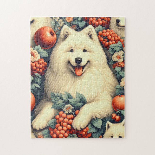 Puzzle Cute Samoyed Floral Pintura (Vertical)