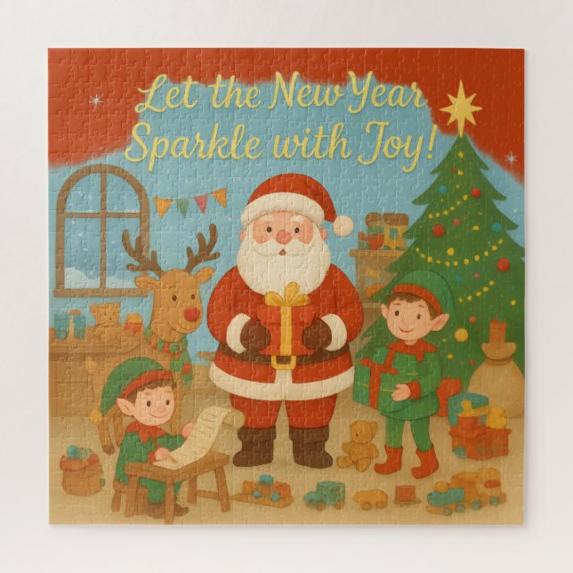 Puzzle Cute Santa & Elves New Year Holiday Card (Vertical)