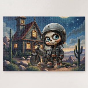 Puzzle Cute Skull Biker Paseo bajo la luz de la luna po