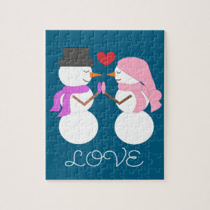 Puzzle Cute Snowpeople in Love - turquesa oscuro:
