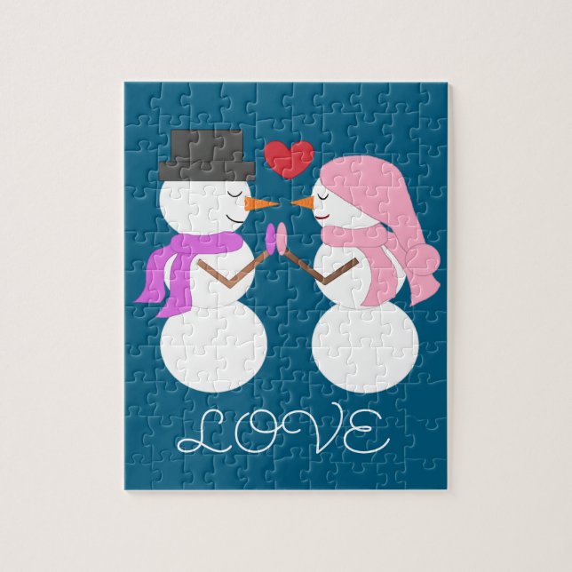 Puzzle Cute Snowpeople in Love - turquesa oscuro: (Vertical)