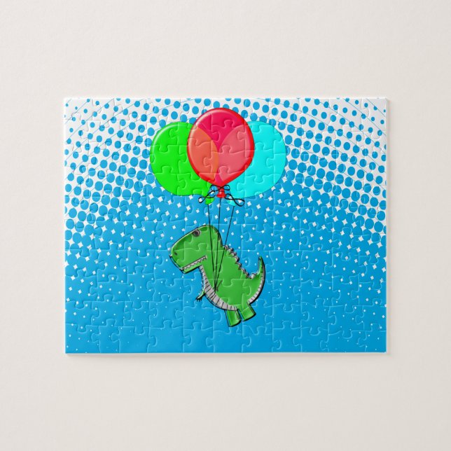 Puzzle Cute T-Rex Volando Con Globos En Cielo Azul (Horizontal)