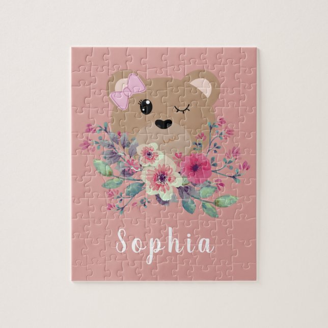 Puzzle Cute Teddy Bear Rubor Niños y nombre rosados (Vertical)