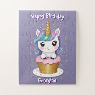 Puzzle Cute unicornio sobre el pastel de cumpleaños perso