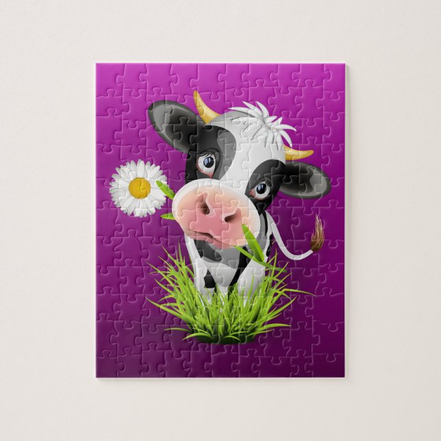 Puzzle Cute vaca Holstein en el pasto sobre morado (Vertical)